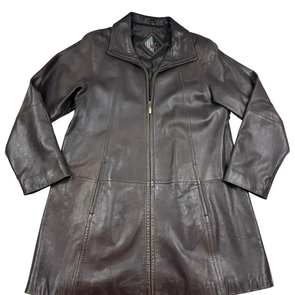 Tibor Leathers Vintage Long Line Dark Brown Zip Front Leather Coat Women's M